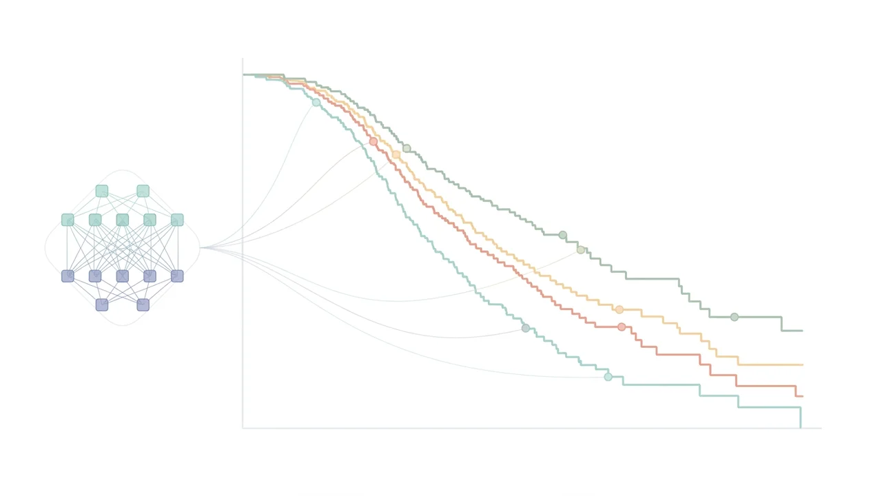 Schematic of machine learning for survival analysis: a neural network feeding stratified descending survival curves