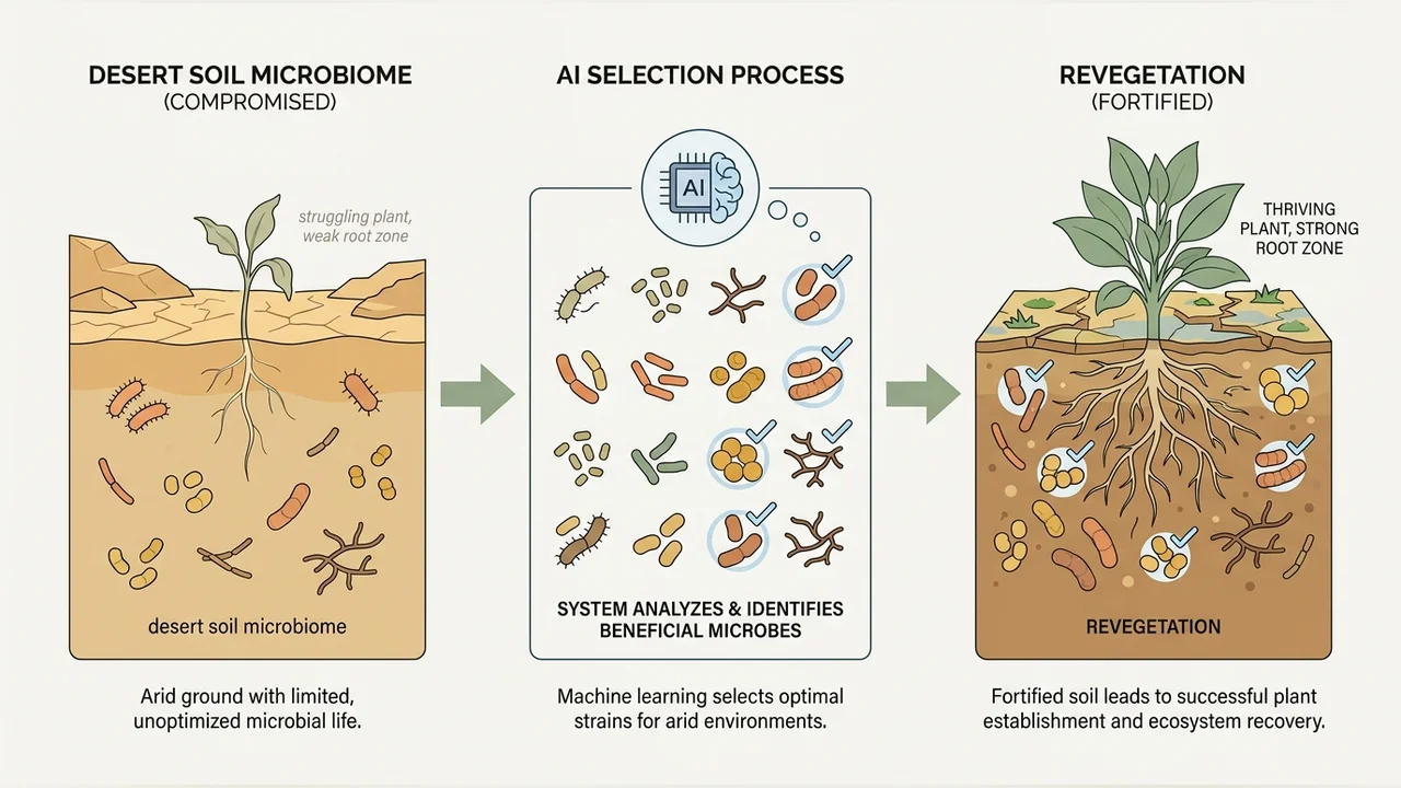 Enabling desert revegetation by AI-tailored soil microbiome fortification — research illustration